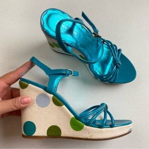 Coach Teal and Green Polka Dot Wedge Sandals